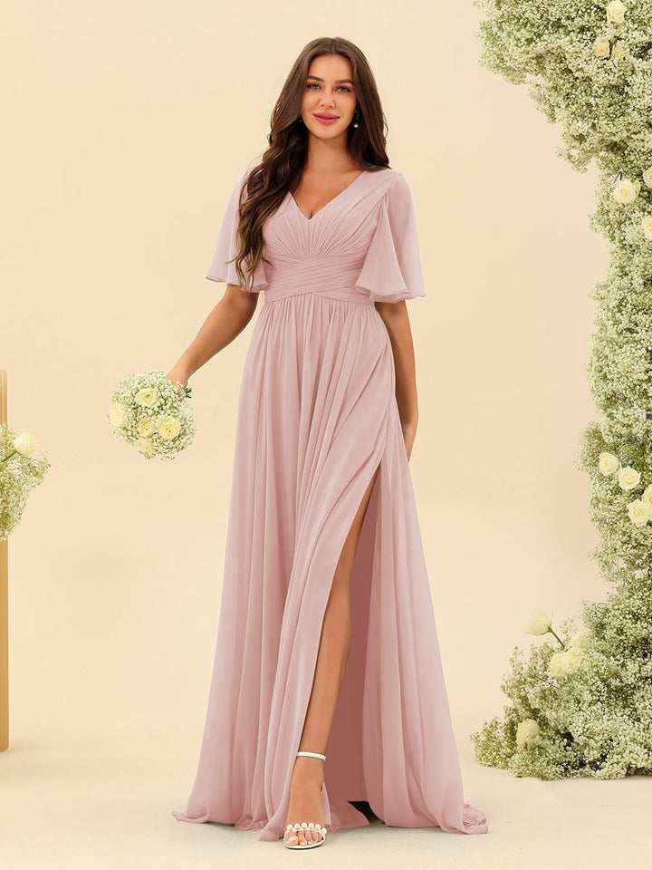 Abito Lungo Donna in Chiffon A-Line Fluido con Spacco Laterale