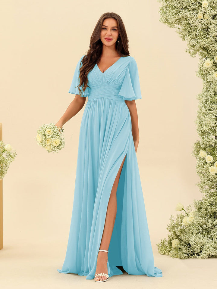 Abito Lungo Donna in Chiffon A-Line Fluido con Spacco Laterale