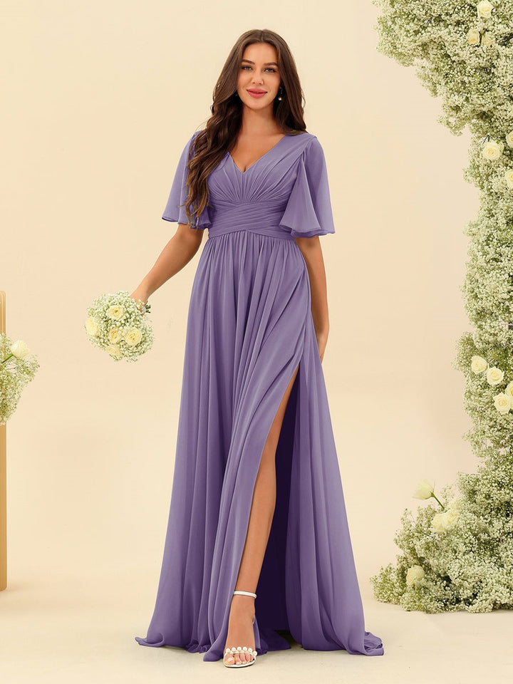 Abito Lungo Donna in Chiffon A-Line Fluido con Spacco Laterale