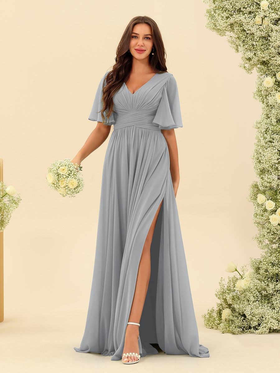 Abito Lungo Donna in Chiffon A-Line Fluido con Spacco Laterale