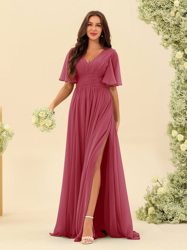 Abito Lungo Donna in Chiffon A-Line Fluido con Spacco Laterale