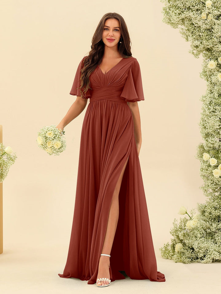 Abito Lungo Donna in Chiffon A-Line Fluido con Spacco Laterale