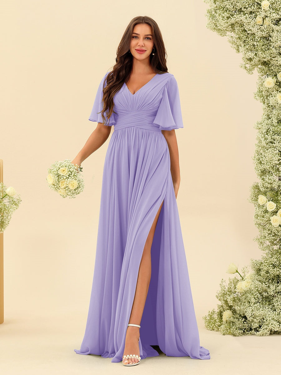 Abito Lungo Donna in Chiffon A-Line Fluido con Spacco Laterale