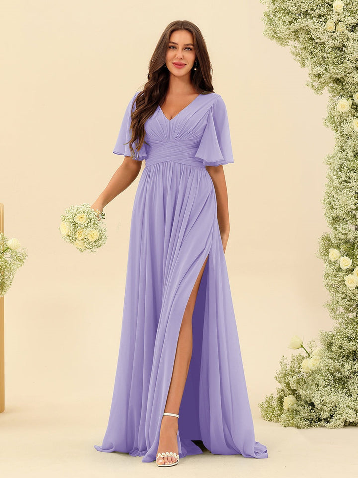 Abito Lungo Donna in Chiffon A-Line Fluido con Spacco Laterale