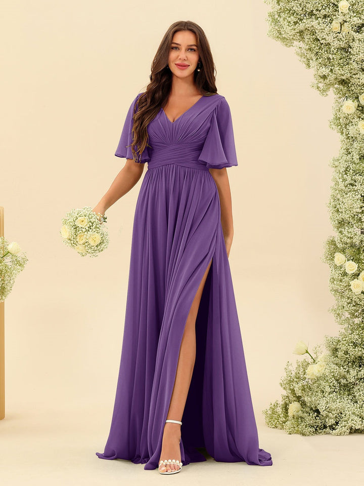 Abito Lungo Donna in Chiffon A-Line Fluido con Spacco Laterale