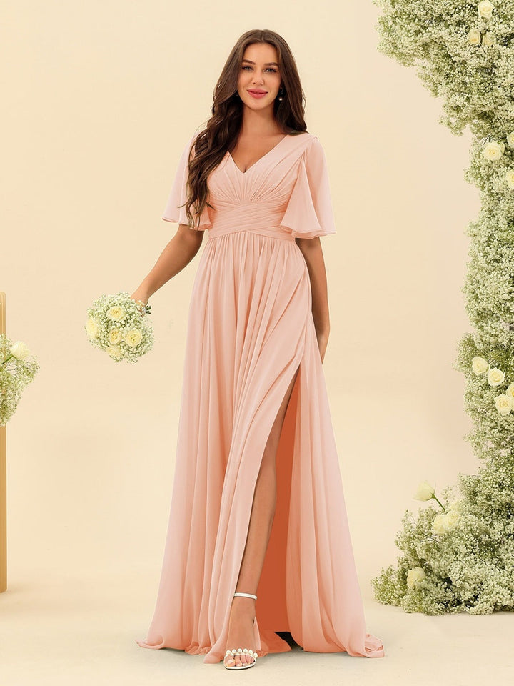 Abito Lungo Donna in Chiffon A-Line Fluido con Spacco Laterale