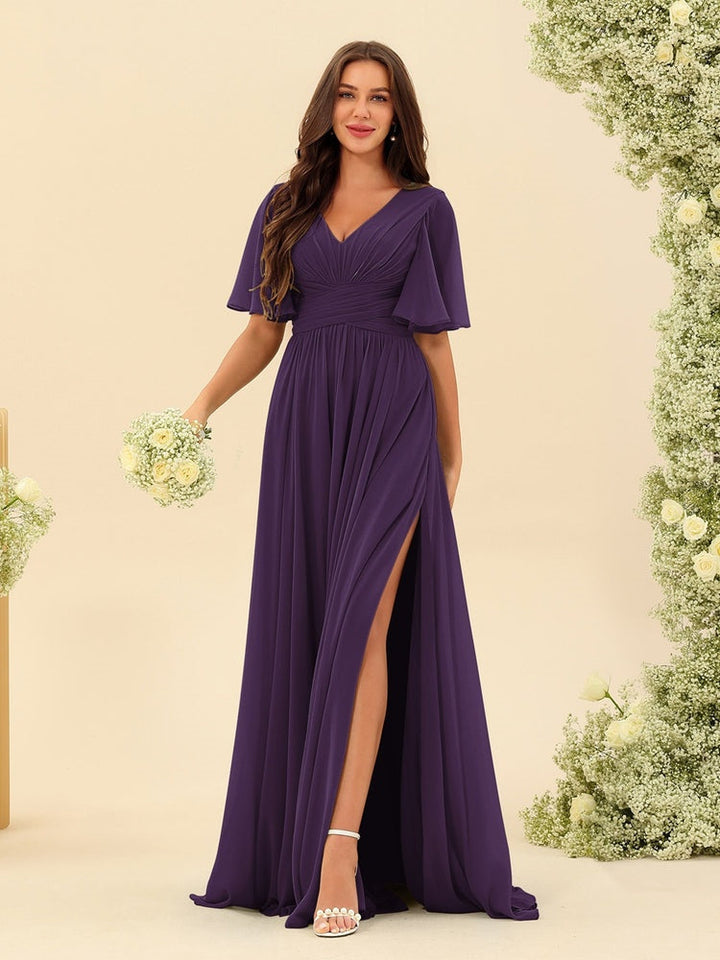 Abito Lungo Donna in Chiffon A-Line Fluido con Spacco Laterale