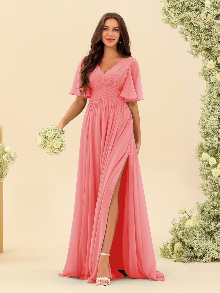 Abito Lungo Donna in Chiffon A-Line Fluido con Spacco Laterale