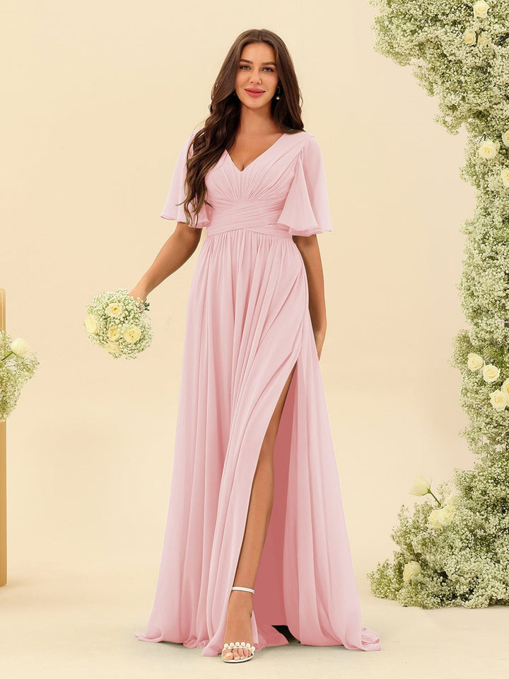 Abito Lungo Donna in Chiffon A-Line Fluido con Spacco Laterale