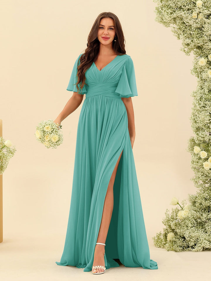 Abito Lungo Donna in Chiffon A-Line Fluido con Spacco Laterale