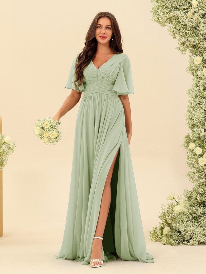 Abito Lungo Donna in Chiffon A-Line Fluido con Spacco Laterale