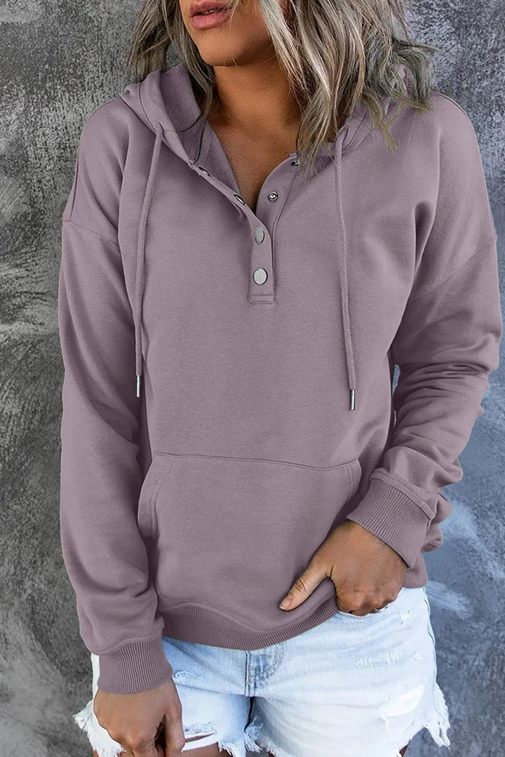 Felpa con cappuccio da donna, colore lavanda, bottoni frontali, tasca a marsupio, maniche lunghe, stile casual, perfetta per l'autunno e l'inverno.