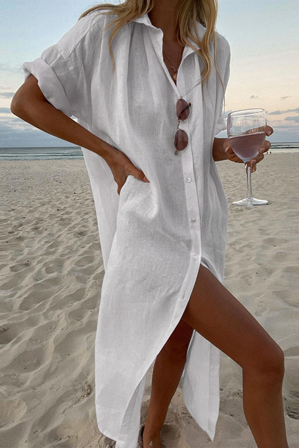 Abito Camicia Donna Stile Spiaggia Linea Ampia Tessuto Leggero - Vesarelli