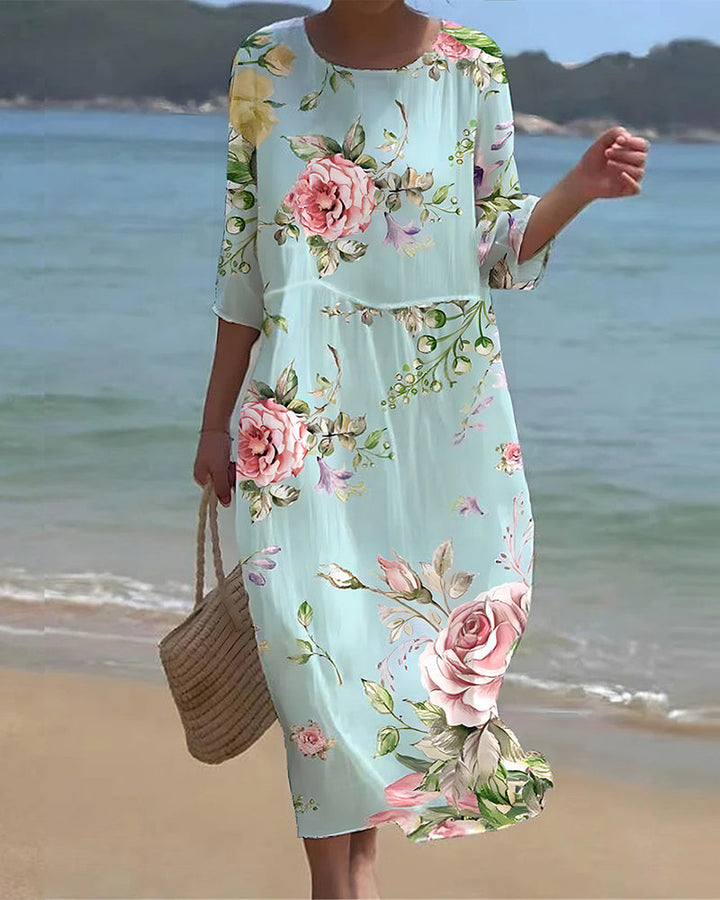 Abito Midi Donna Stampa Floreale Linea Slanciata - Vesarelli