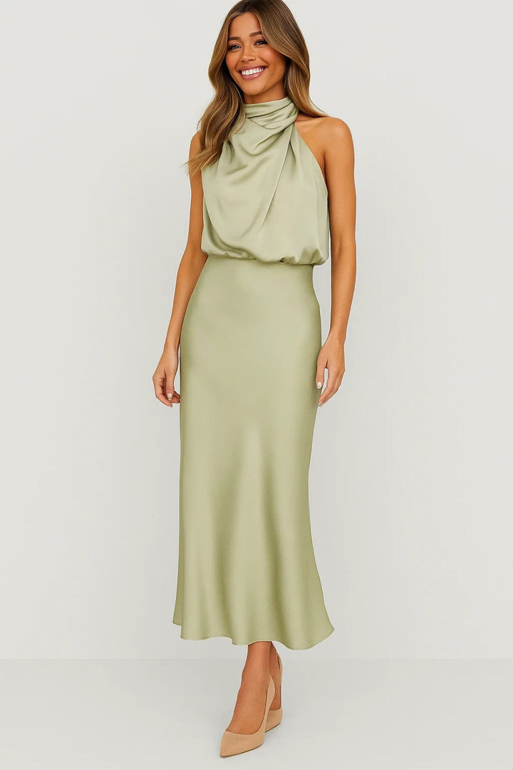 Abito Lungo Satinato | Collo Drappeggiato | Eleganza Moderna