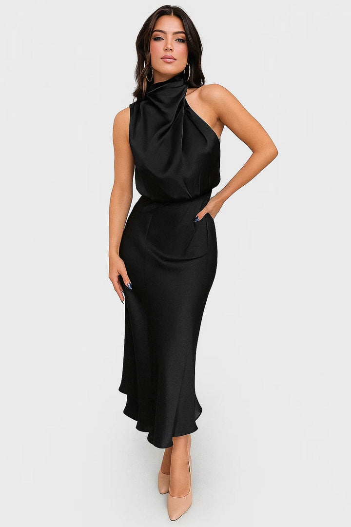 Abito Lungo Satinato | Collo Drappeggiato | Eleganza Moderna