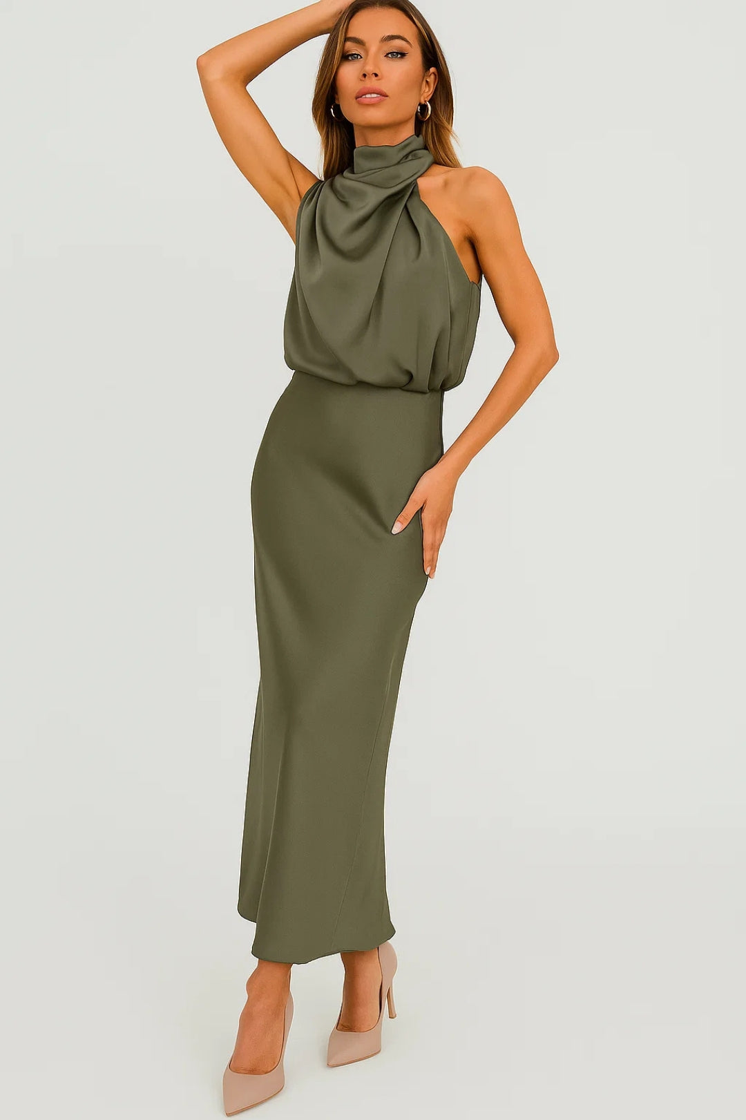 Abito Lungo Donna in Satin Collo Drappeggiato Classico - Vesarelli
