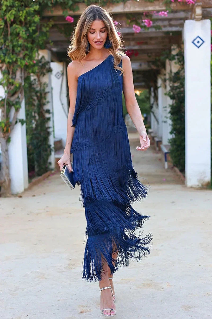 Abito Maxi Donna Monospalla Svasato Effetto Movimento - Vesarelli