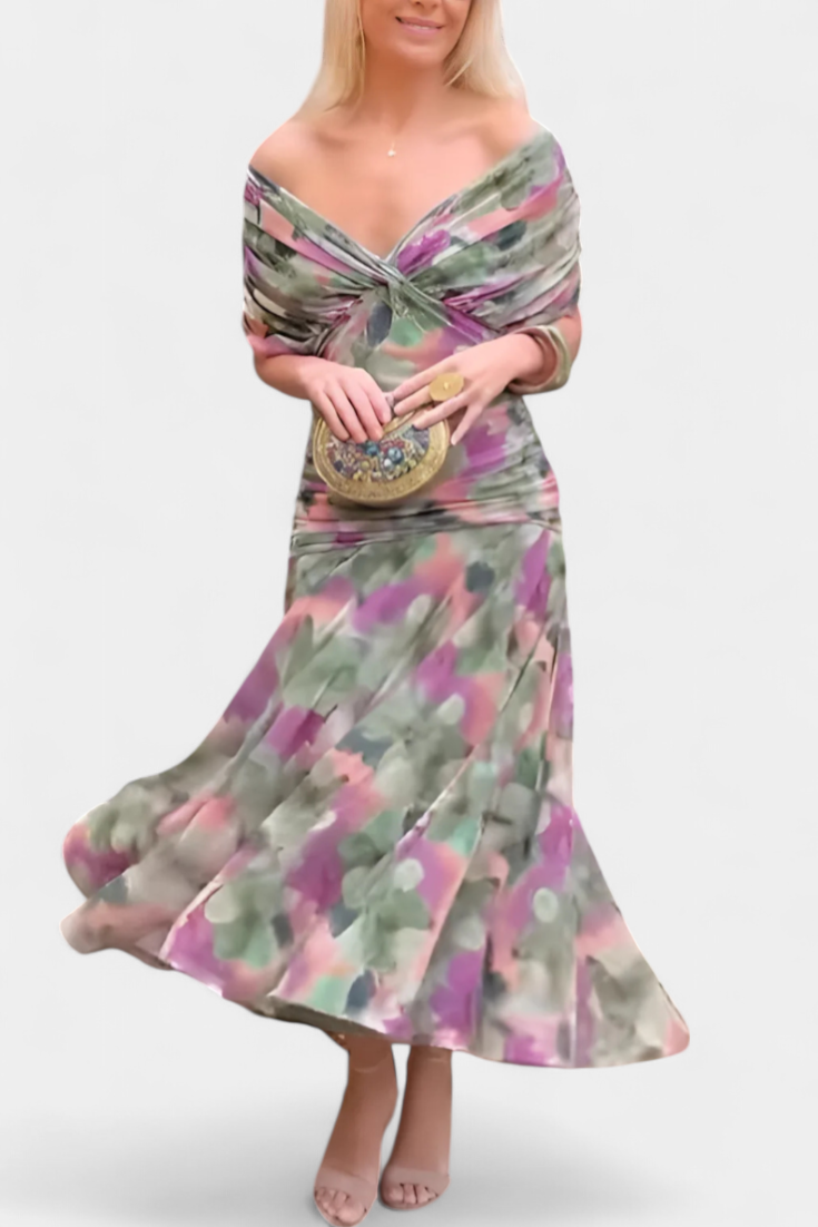 Abito Maxi Donna Stampa Acquerello Spalle Scoperte - Vesarelli