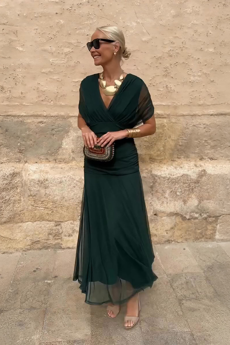 Abito Maxi Donna Scollo a V Drappeggio Slanciato Elegante - Vesarelli
