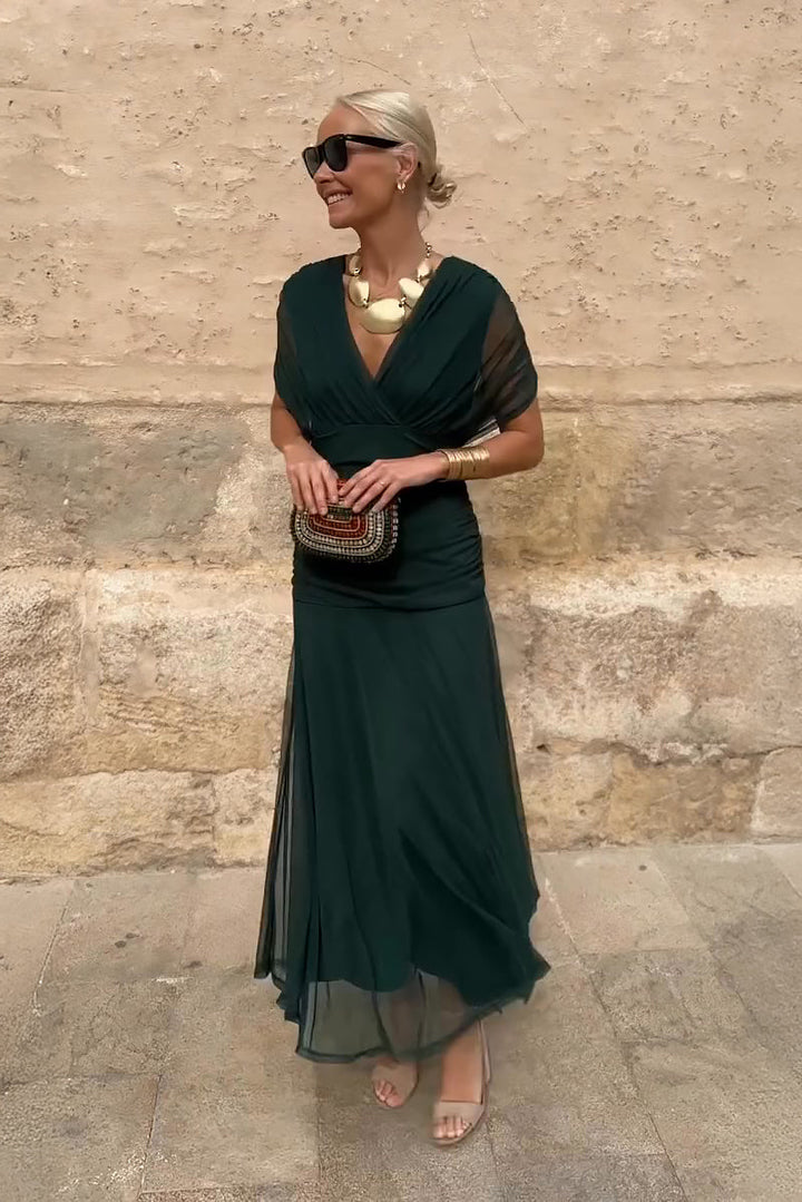 Abito Maxi Donna Scollo a V Drappeggio Slanciato Elegante - Vesarelli