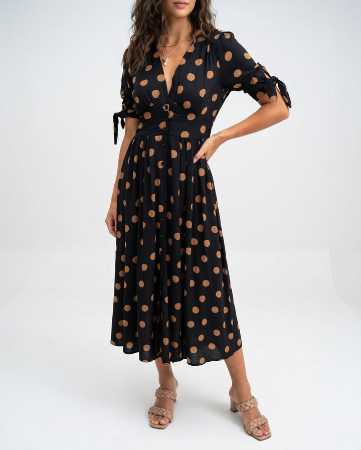 Abito Midi Donna in Tessuto Pois Stile Retrò Elegante - Vesarelli