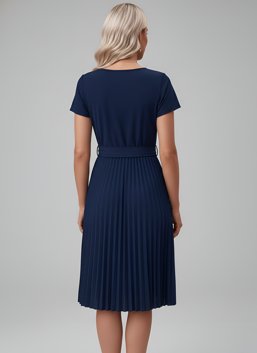 Abito Midi Plissettato Donna con Cintura e Maniche Corte in Tessuto Fluido