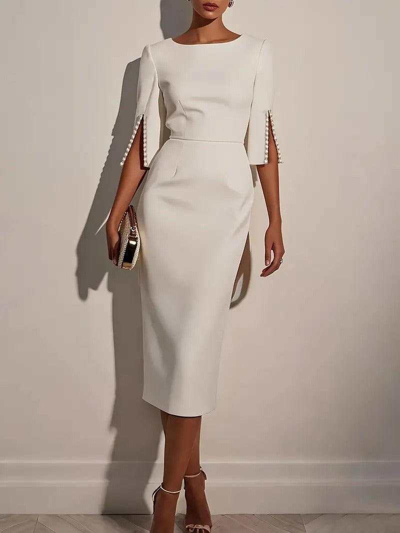 Abito Tubino Midi Elegante Donna | Maniche con Perle & Silhouette Snellente
