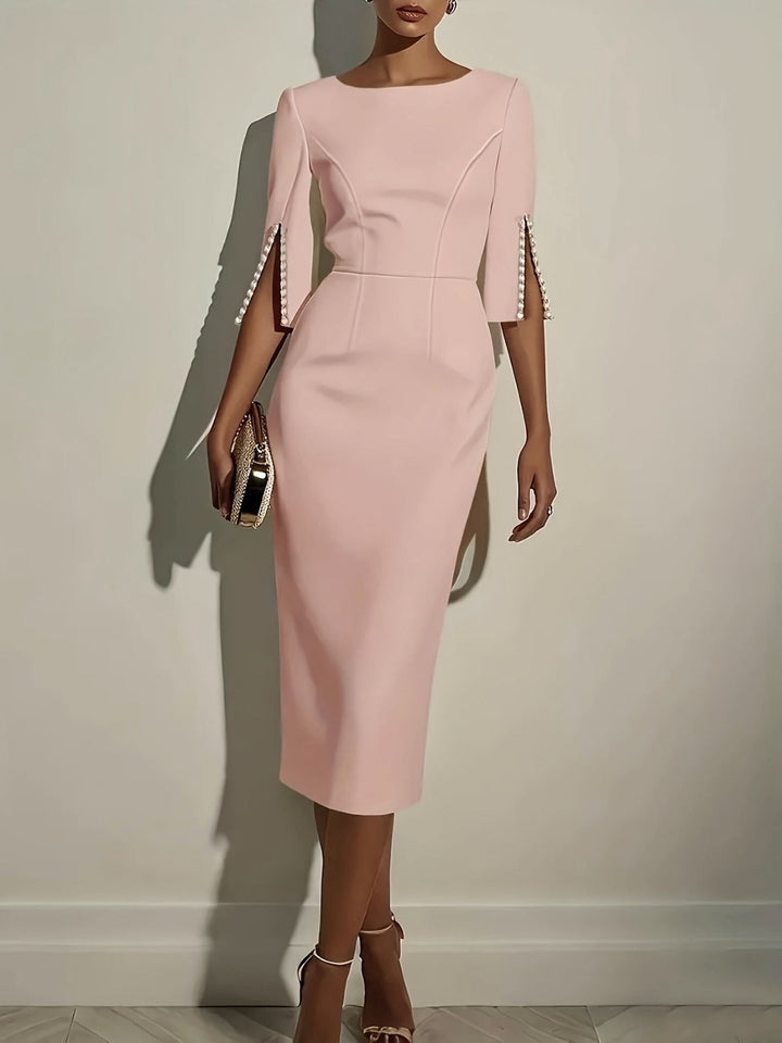 Abito Tubino Midi Elegante Donna | Maniche con Perle & Silhouette Snellente
