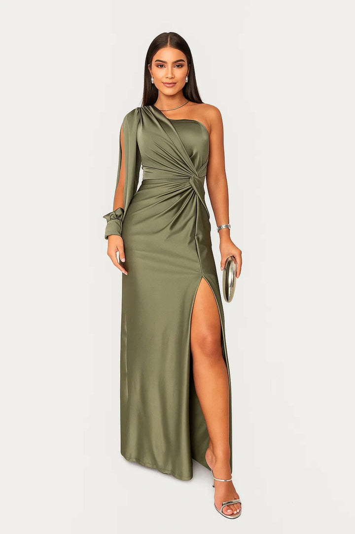 Abito Sera Donna in Satin Asimmetrico con Spacco Frontale - Vesarelli