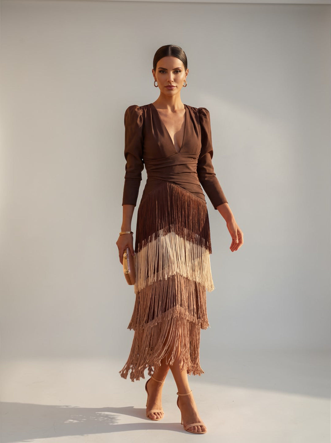 Abito Donna Elegante Frange a Strati Vita Drappeggiata Slim - Vesarelli