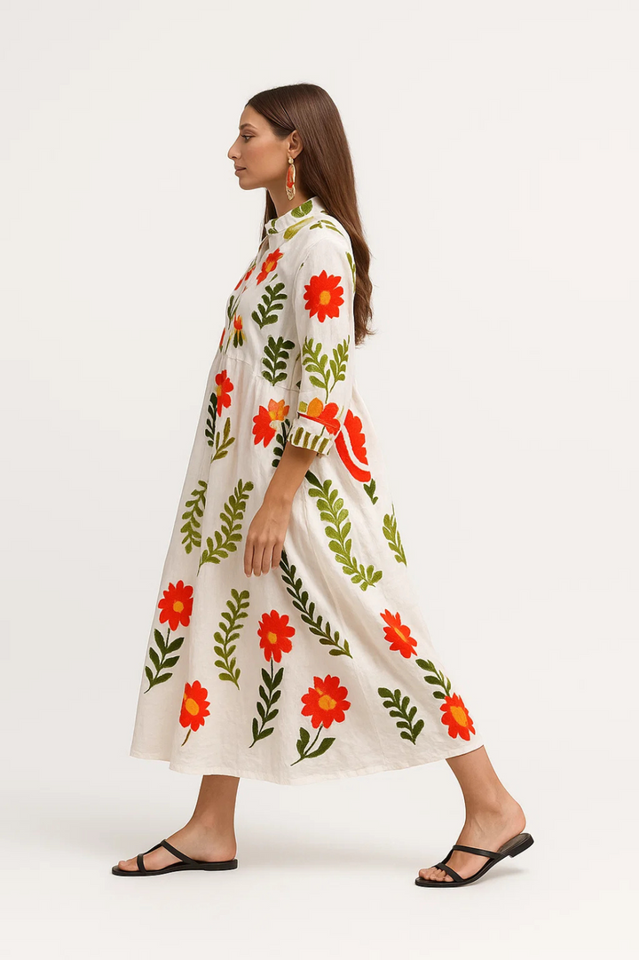 Abito lungo con maniche a tre quarti e motivo floreale ricamato Donna | Linea ampia & Effetto boho chic