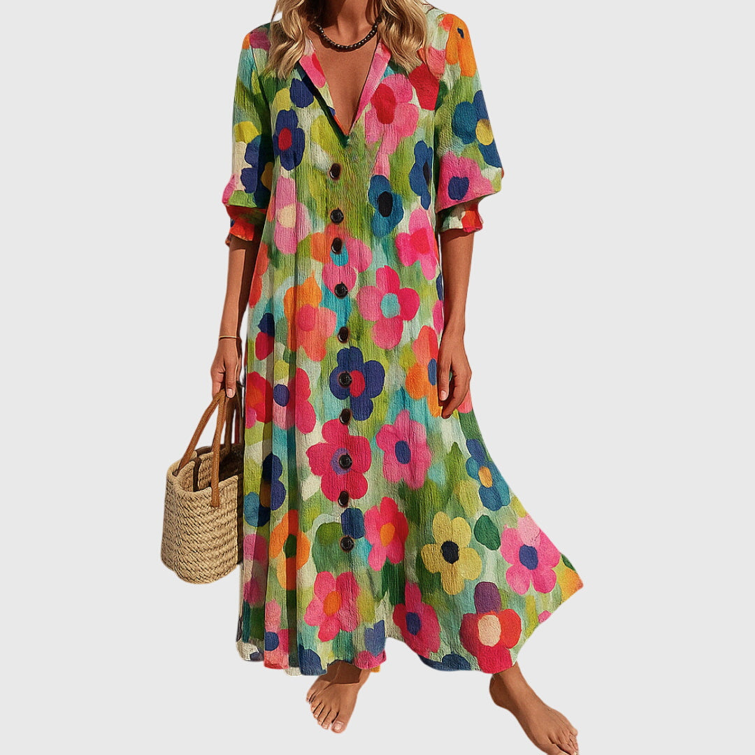 Abito Maxi Donna Scollo a V Bottoni Linea Fluida - Vesarelli