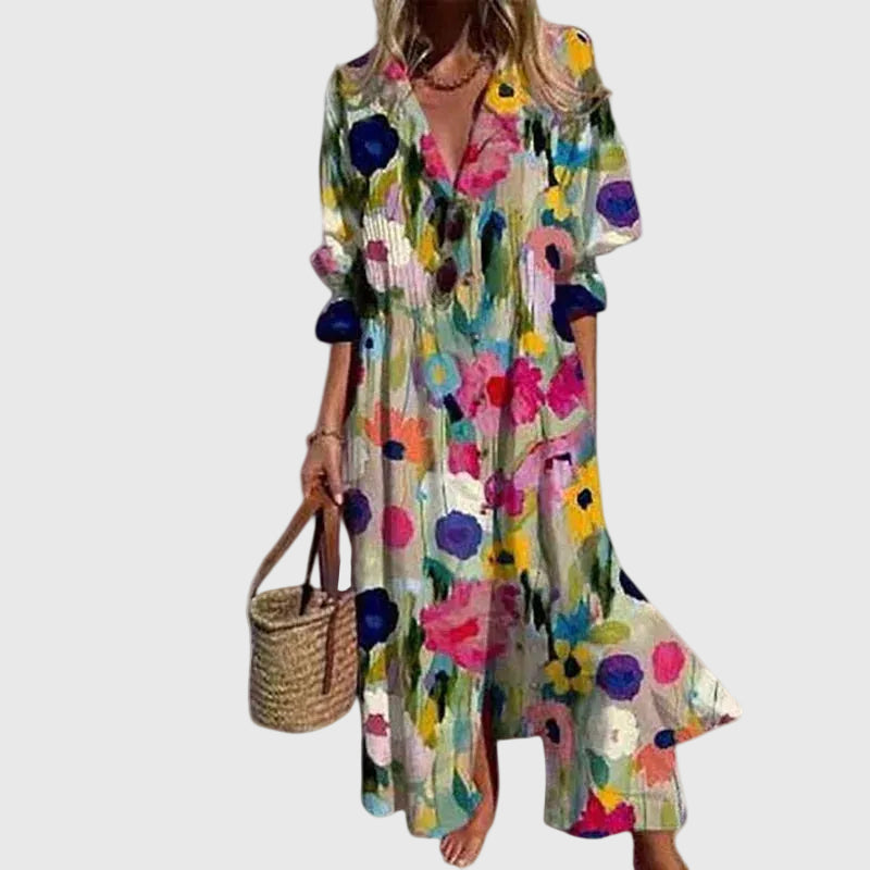 Abito Maxi Donna Scollo a V Stile Boho Linea Fluida - Vesarelli