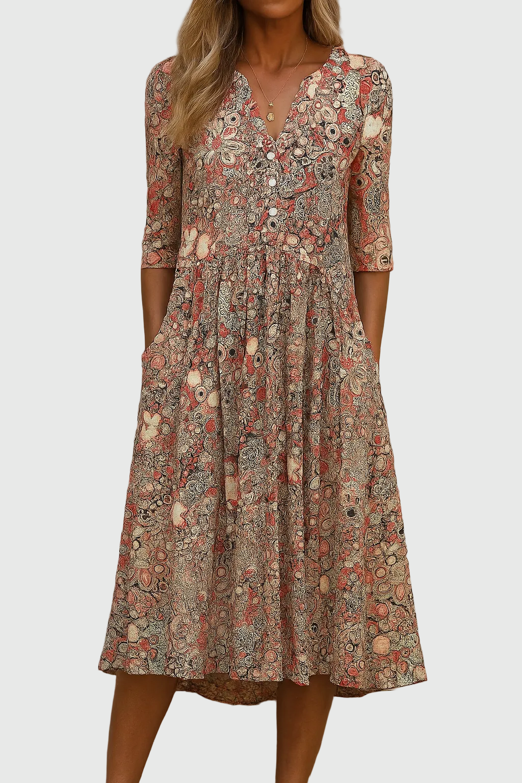 Abito Midi Donna Scollo a V con Bottoni Vestibilità Sagomata - Vesarelli
