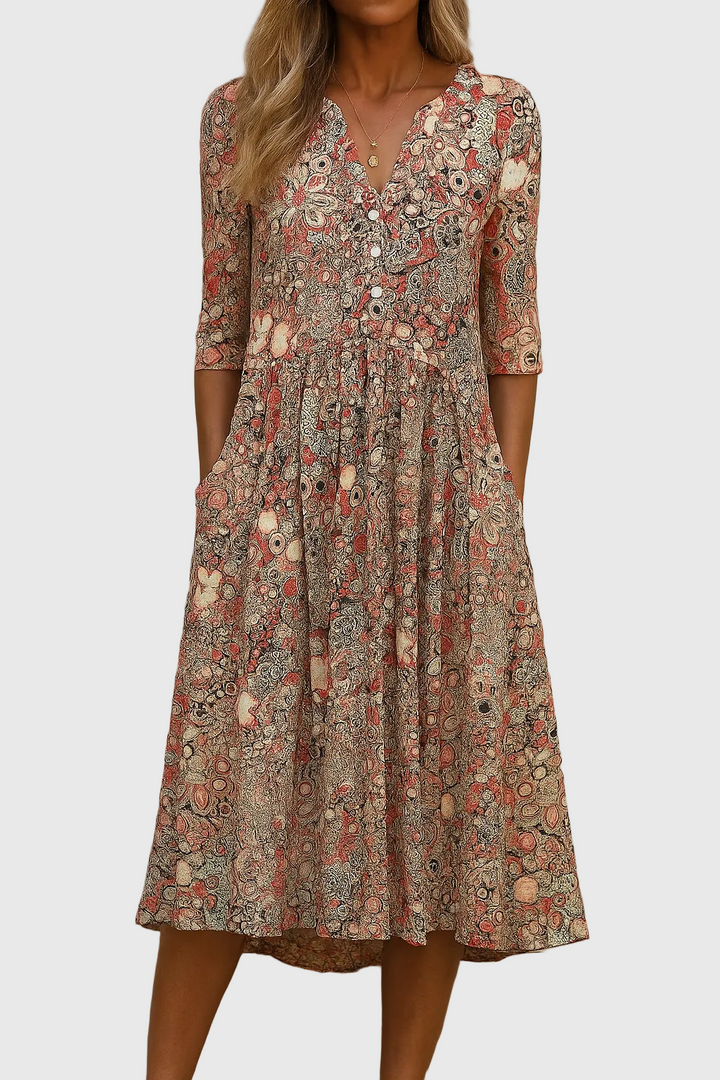 Abito Midi Donna Scollo a V con Bottoni Vestibilità Sagomata - Vesarelli