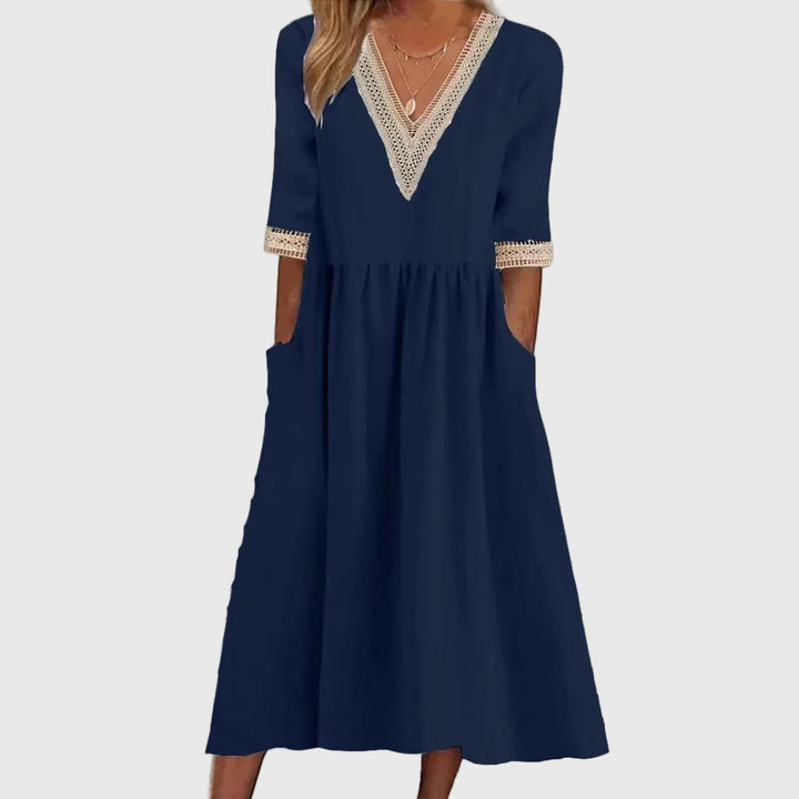 Abito Midi Donna Scollo a V Tasche Pratiche Dettagli Raffinati - Vesarelli