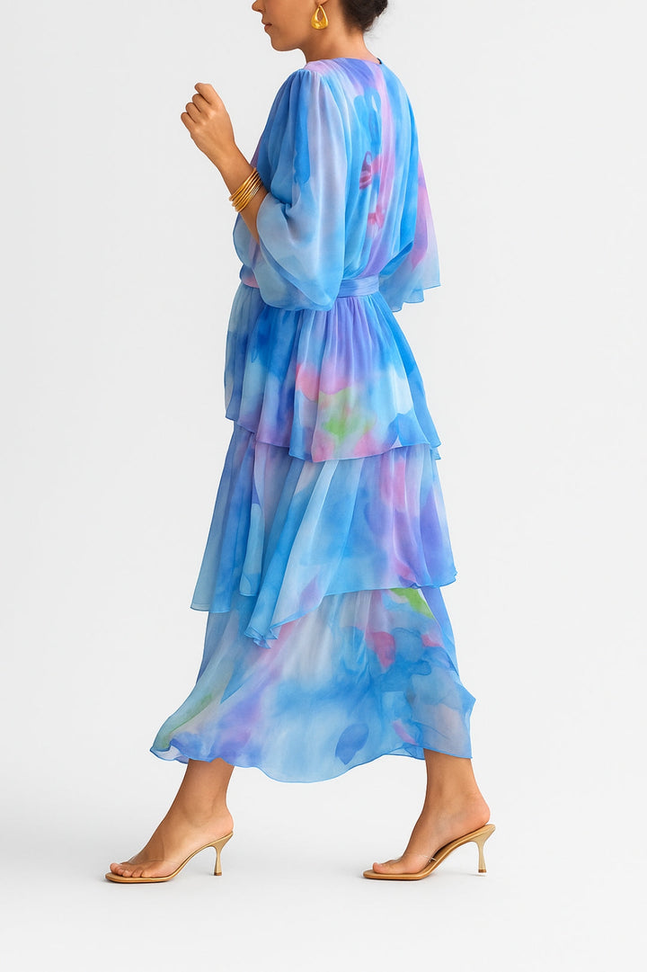 Abito midi a portafoglio con stampa acquerello | Chiffon leggero e romantico