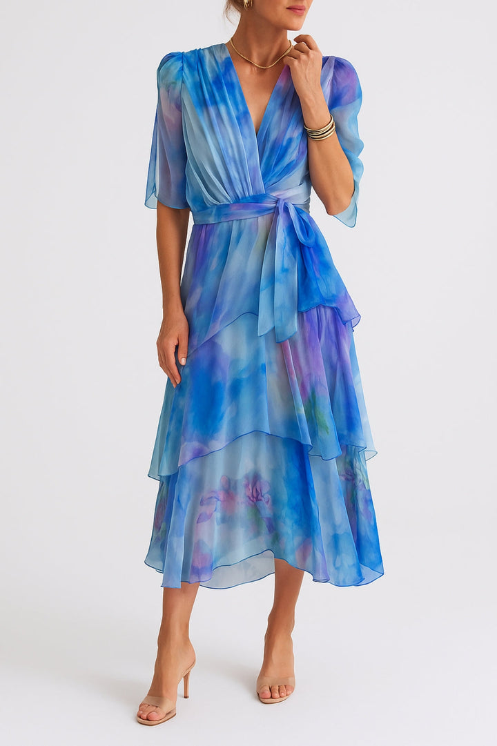Abito Midi Donna Chiffon Leggero Stampa Acquerello Portafoglio - Vesarelli