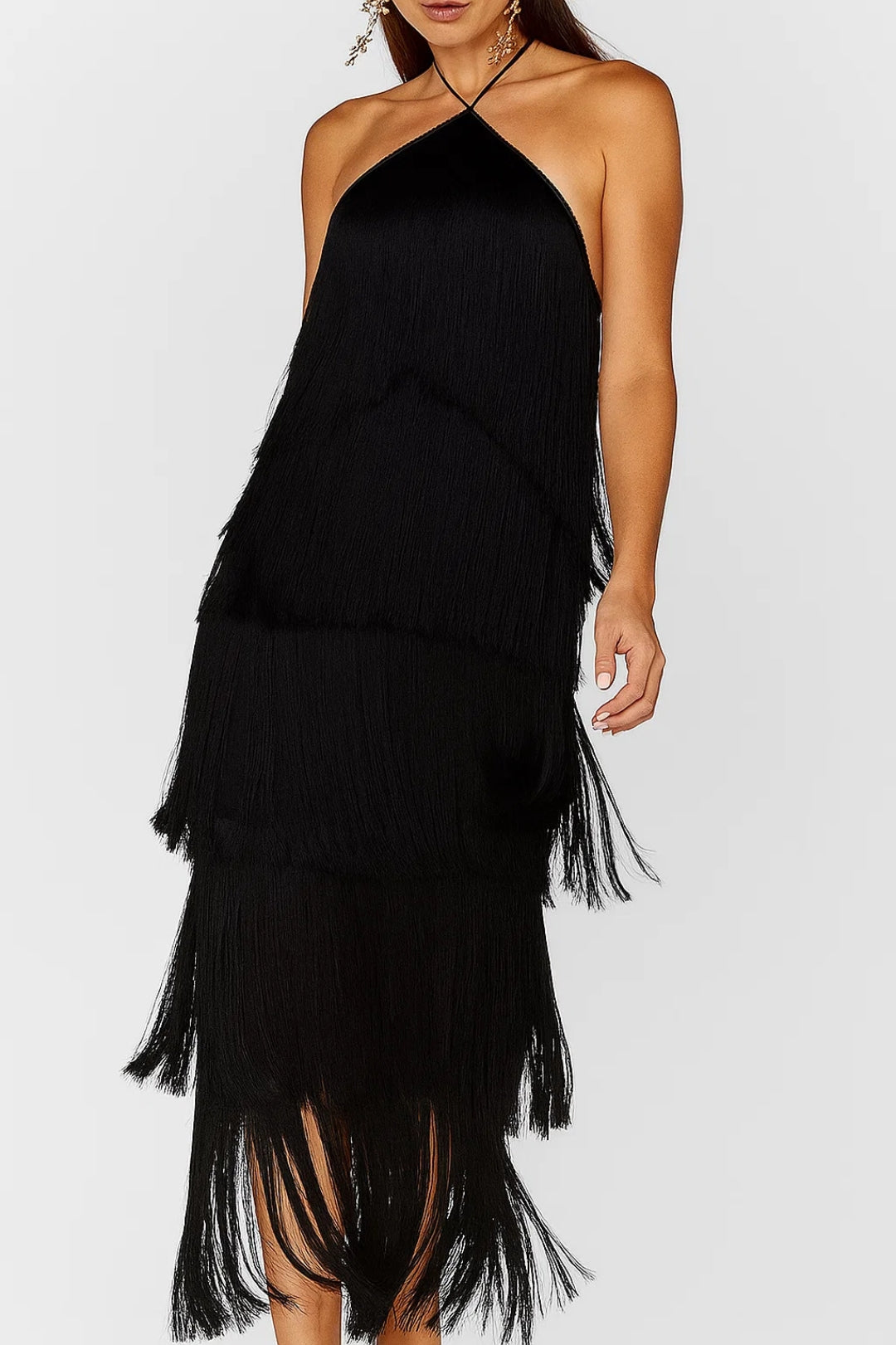 Abito midi con frange a strati Donna | Scollo all’americana