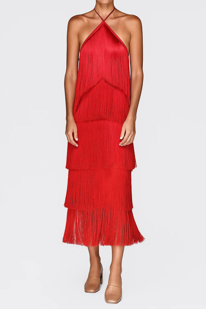 Abito Midi Donna con Frange a Strati Scollo all’Americana - Vesarelli