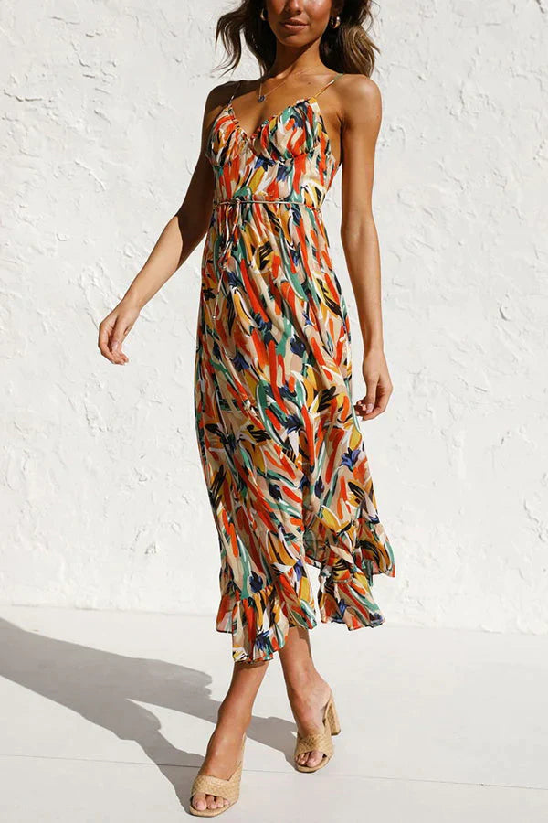 Abito midi stampato con scollo a V