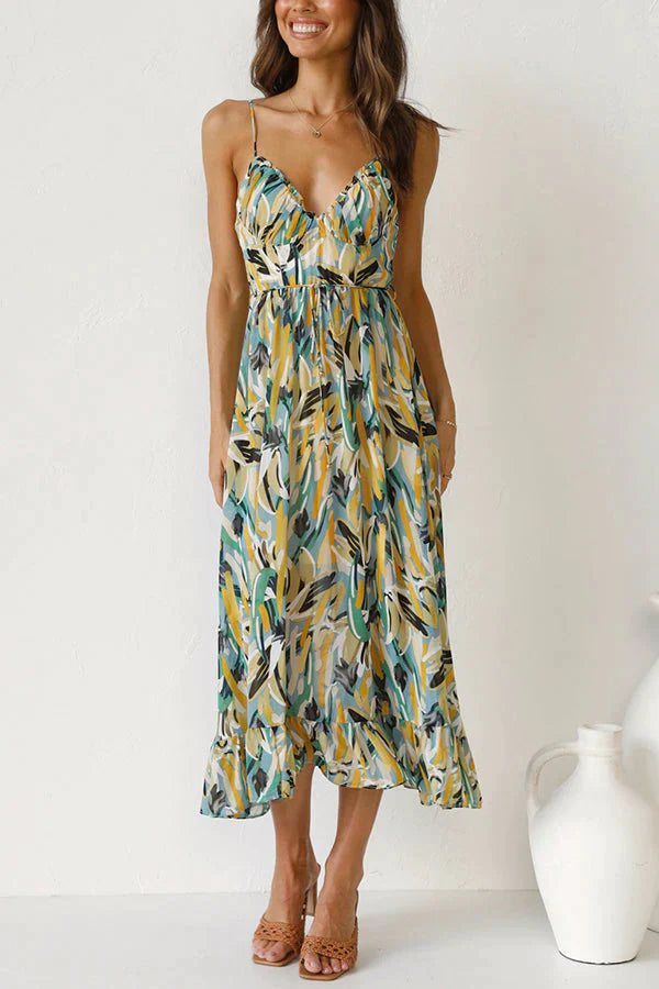Abito midi stampato con scollo a V