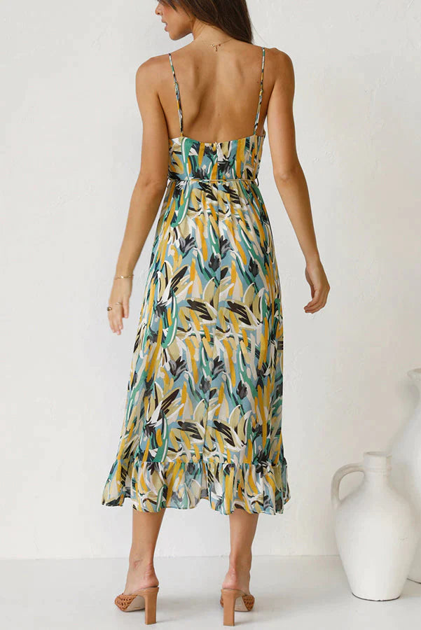 Abito midi stampato con scollo a V