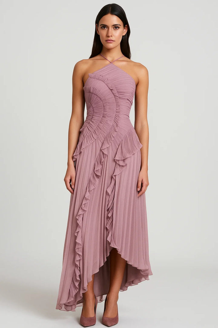 Abito Donna Plissettato con Volant Scollo Allamericana Fluido - Vesarelli