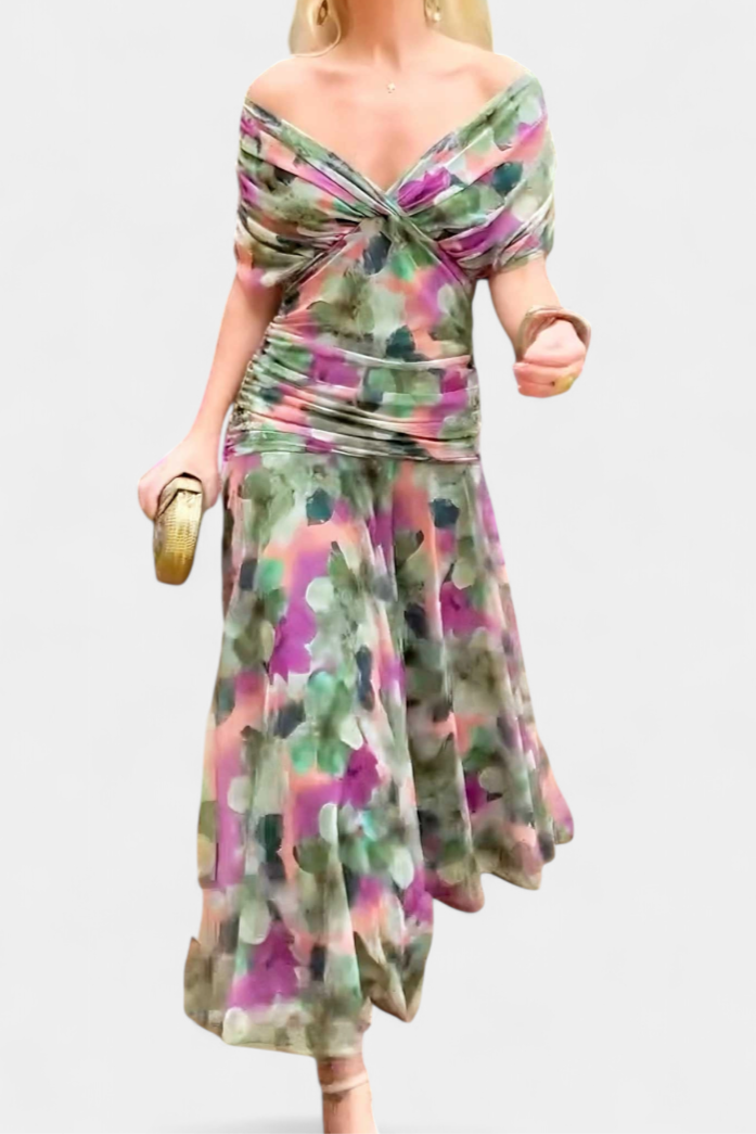 Abito Elegante da Donna con Fantasia Floreale e Scollo a V - Vestito Cerimonia Donna, Vestiti Eleganti per Eventi Speciali 7