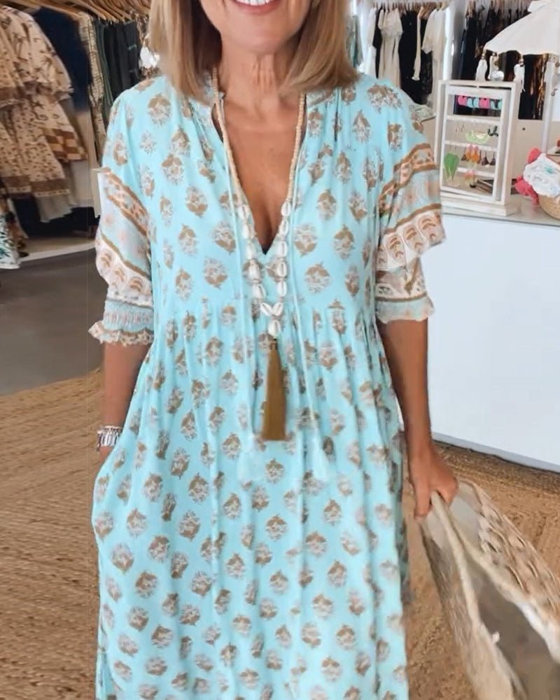 Abito Floreale Elegante Donna con Scollo a V - Vestito Cerimonia Estivo per Occasioni Speciali 4