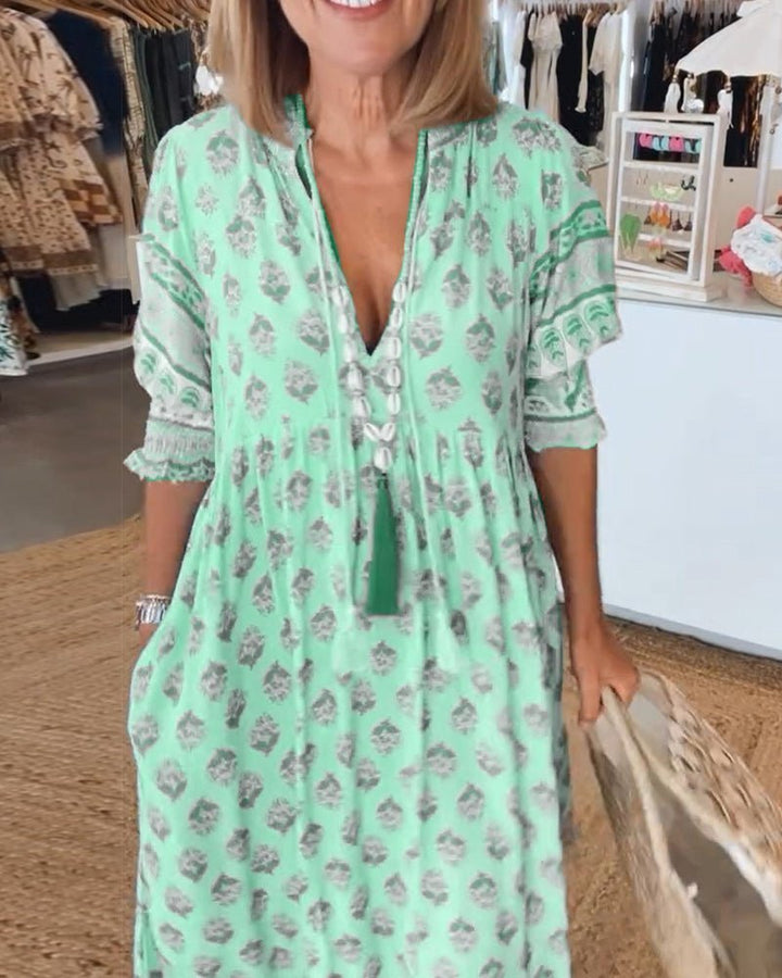 Abito Floreale Elegante Donna con Scollo a V - Vestito Cerimonia Estivo per Occasioni Speciali 6