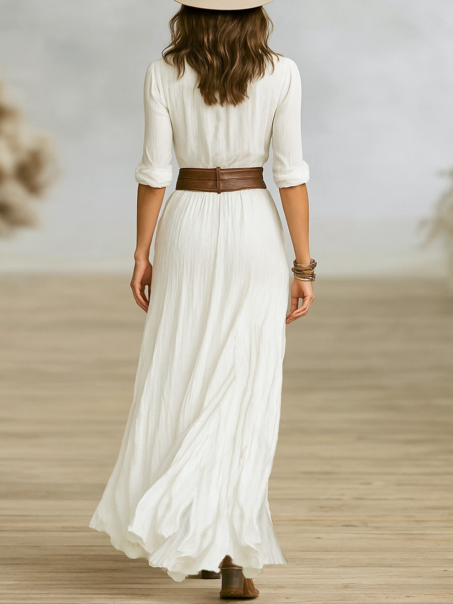 Abito Lungo Elegante con Cintura e Revers a Pieghe per Donna 6