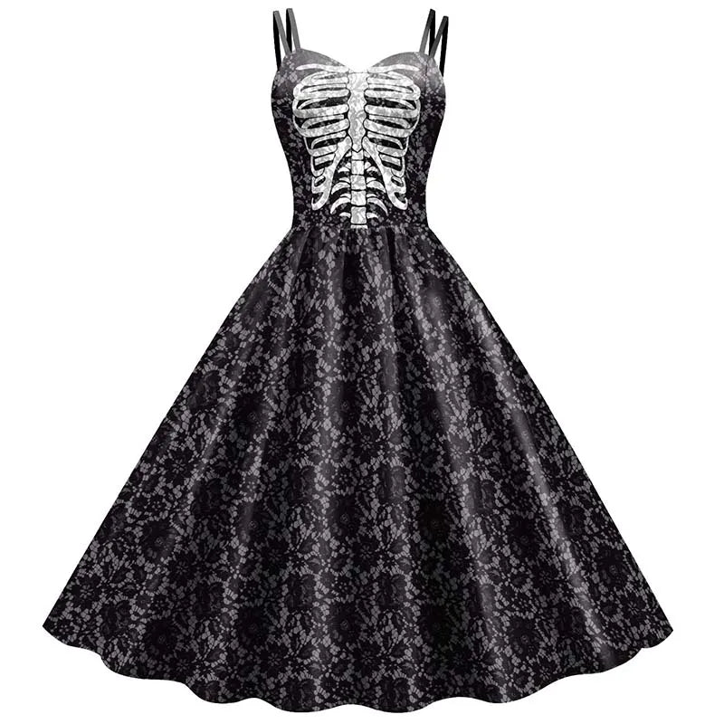 Abito Donna Costume Halloween Rockabilly Stampa Gotica Elegante - Vesarelli